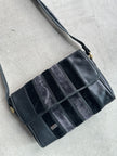 1970s LEATHER MESSENGER BAG WITH VELVET STRIPE DETAILS