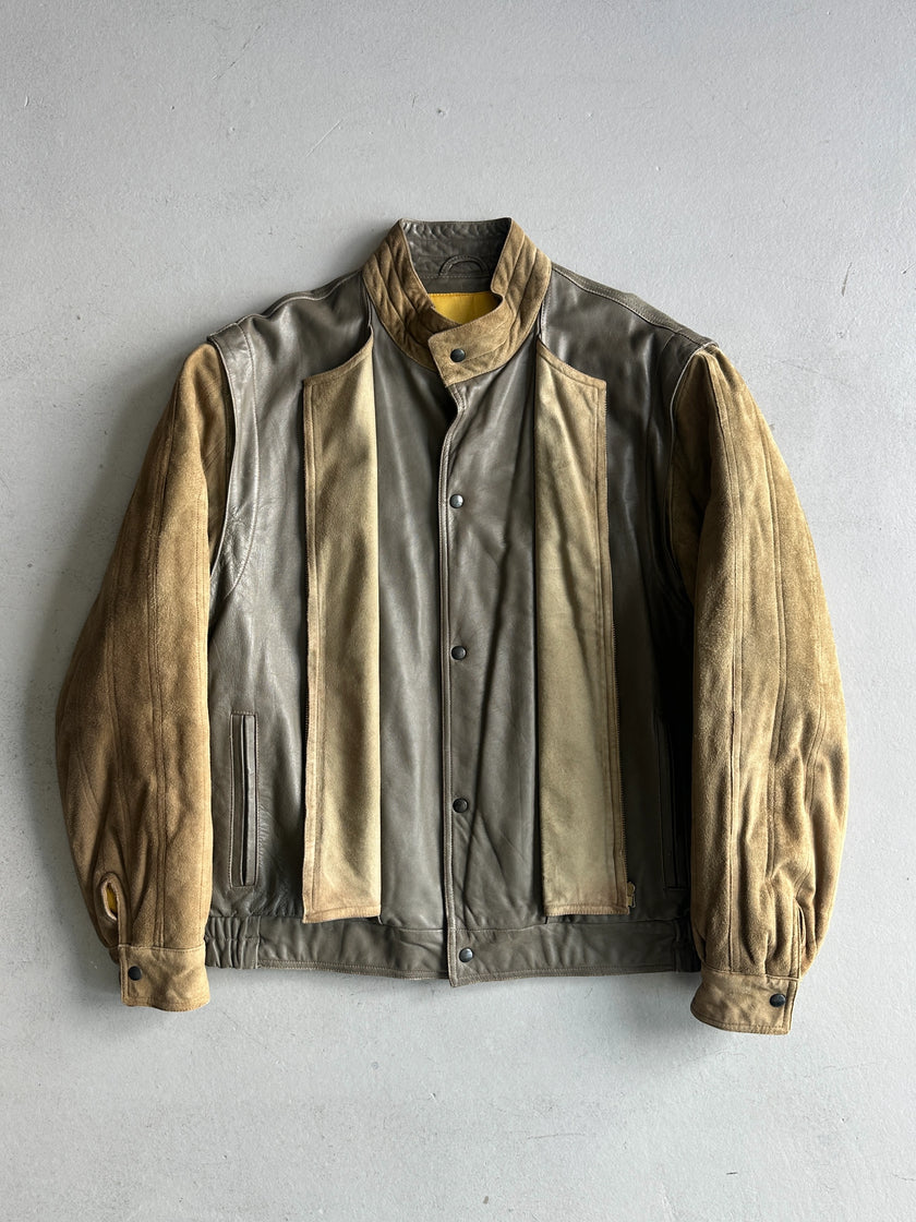 LOUIS FÉRAUD - 1980s CONTRASTING GREEN LAYERED LEATHER JACKET