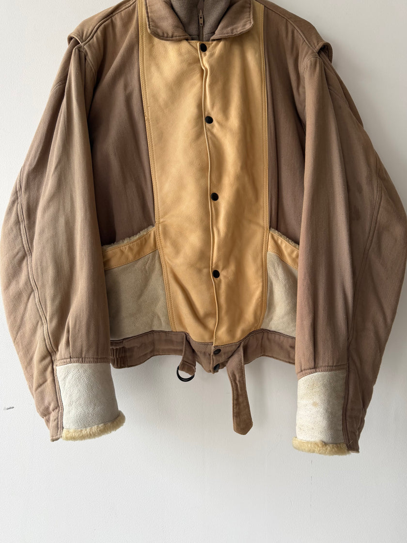 ITALIAN LABEL 1980s LAYERED JACKET WITH LEATHER FRONT AND SHEARLING POCKET AND CUFFS