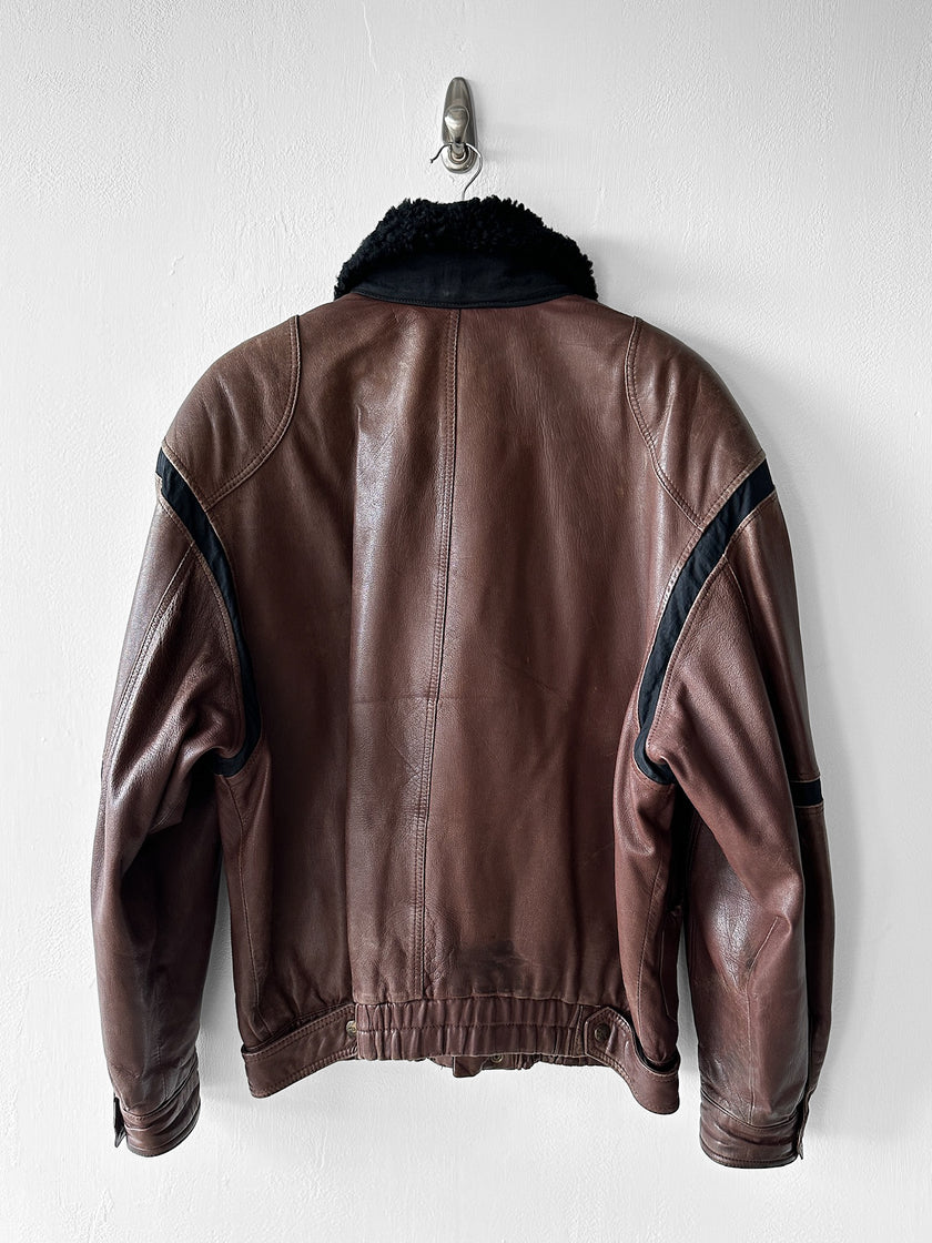 ICEBERG - 1980s LEATHER BOMBER JACKET WITH SHEARLING COLLAR