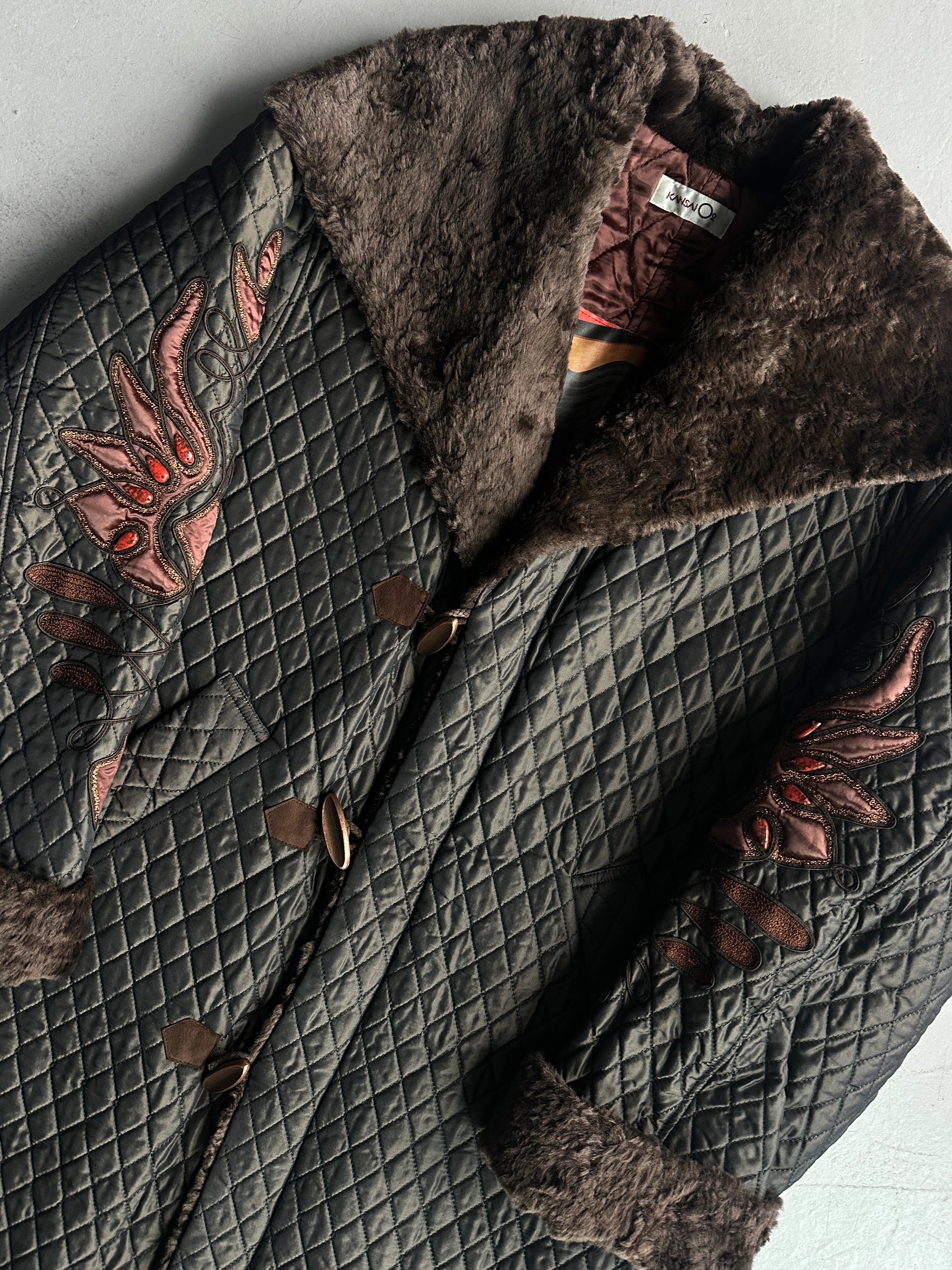 KANSAI YAMAMOTO - 1990s OVERSIZED QUILTED COAT WITH FUR COLLAR