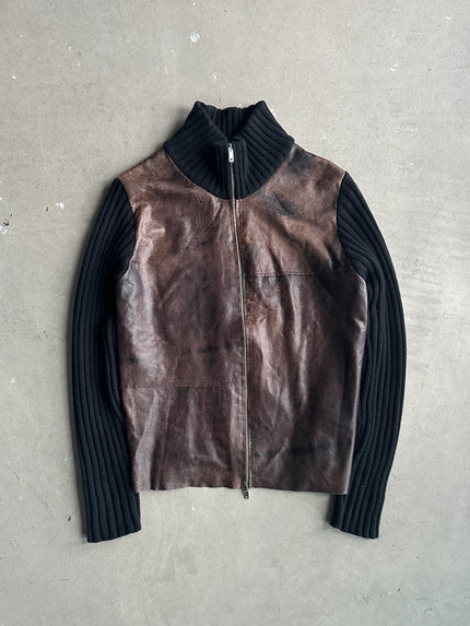 1990s LEATHER FRONT KNITTED ZIPPED CARDIGAN