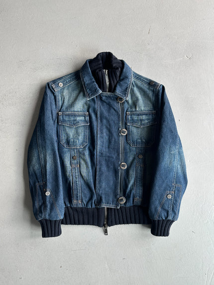 BURBERRY - 2000s DENIM BOMBER JACKET WITH KNITTED DETAILS