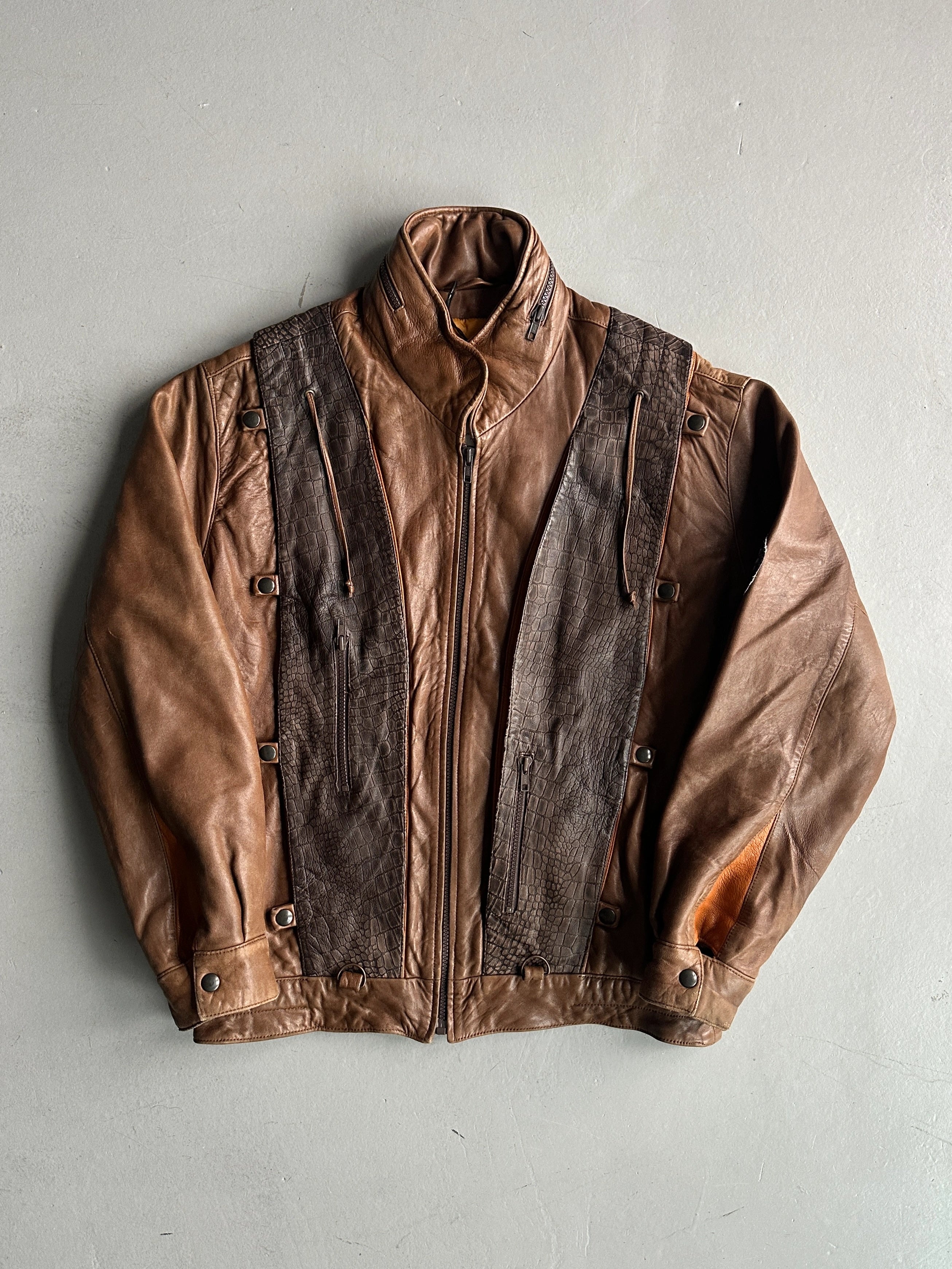 1990s PANELED BOMBER LEATHER JACKET WITH CROCODILE PRINT YOKE