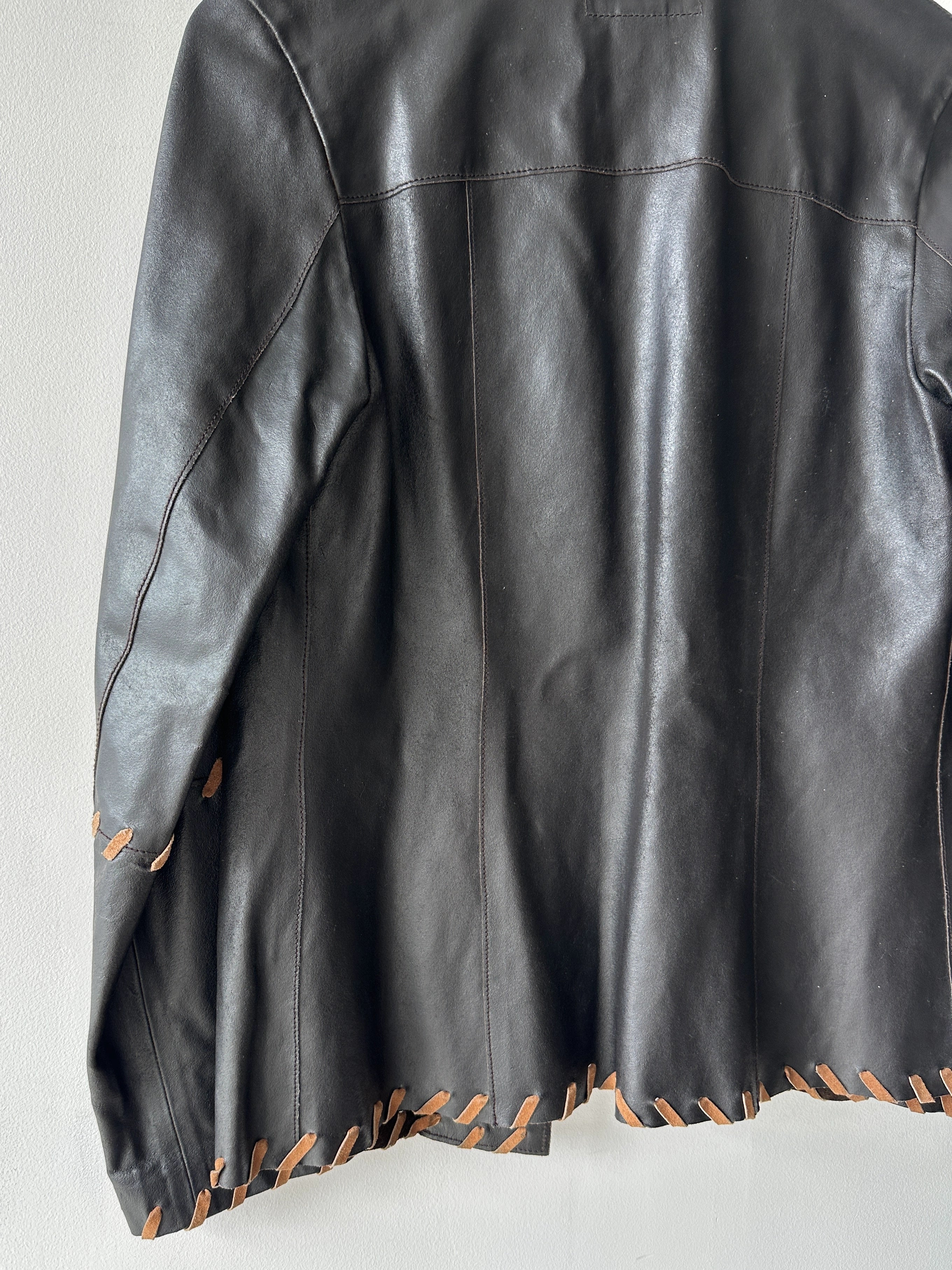 ITALIAN LABEL early 2000s OPEN FRONT LEATHER JACKET WITH WHIPSTITCH DETAILS