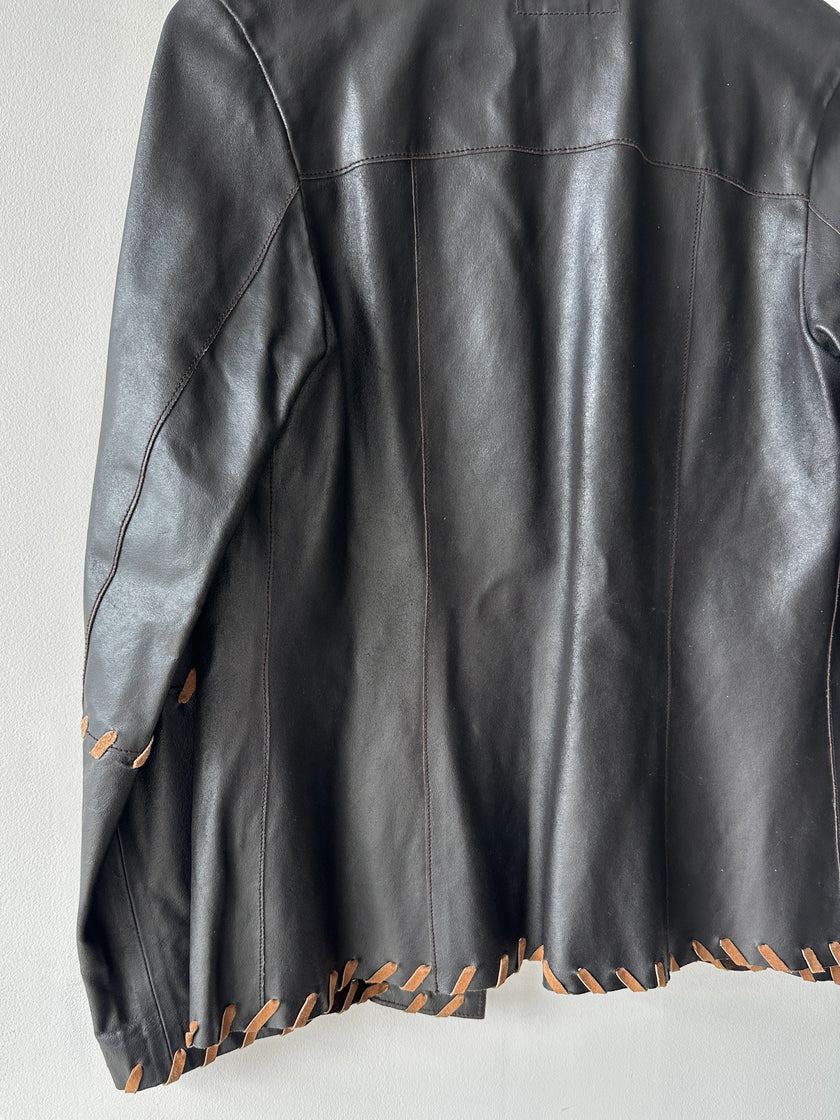 ITALIAN LABEL early 2000s OPEN FRONT LEATHER JACKET WITH WHIPSTITCH DETAILS
