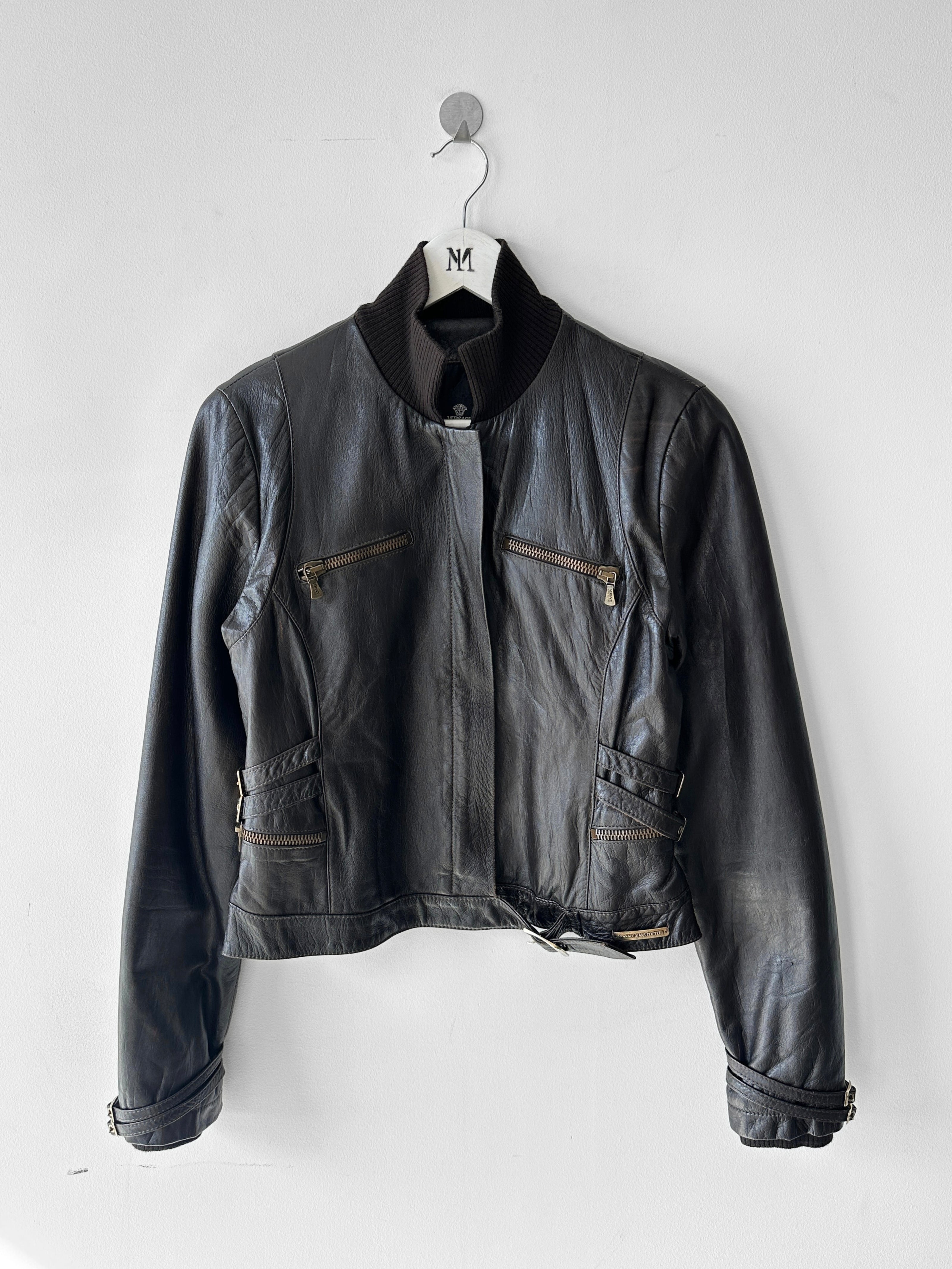 VERSACE - 2000s CROP FIT LEATHER JACKET WITH BONDAGE DETAILS