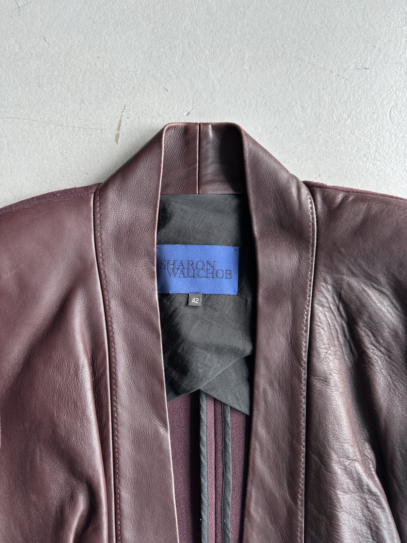 SHARON WAUCHOB - 2000s LEATHER FRONT DRAPED BLAZER