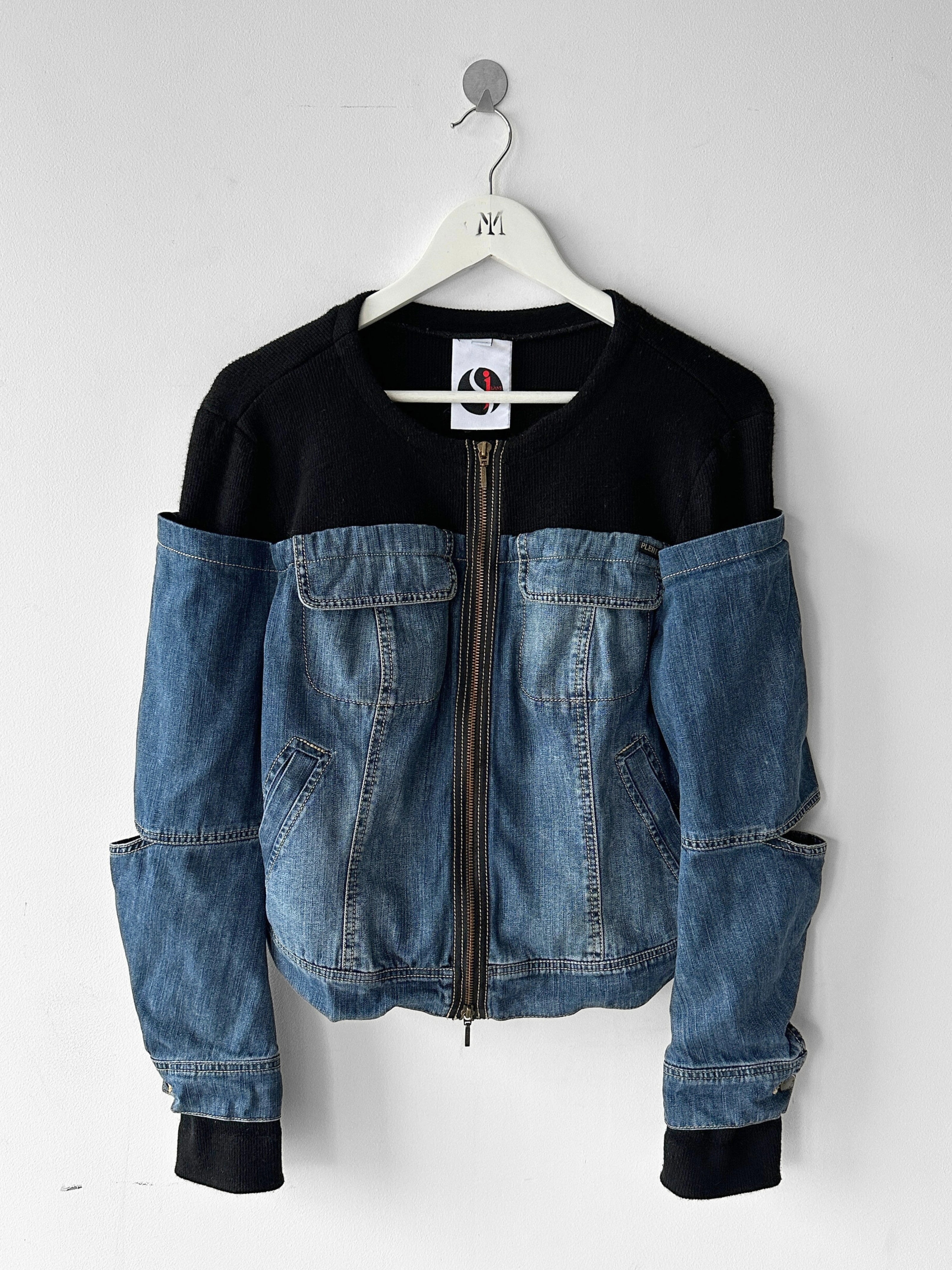 PLEIN SUD - early 2000s CROP FIT HYBRID DENIM JACKET WITH OPEN ELBOW SLITS