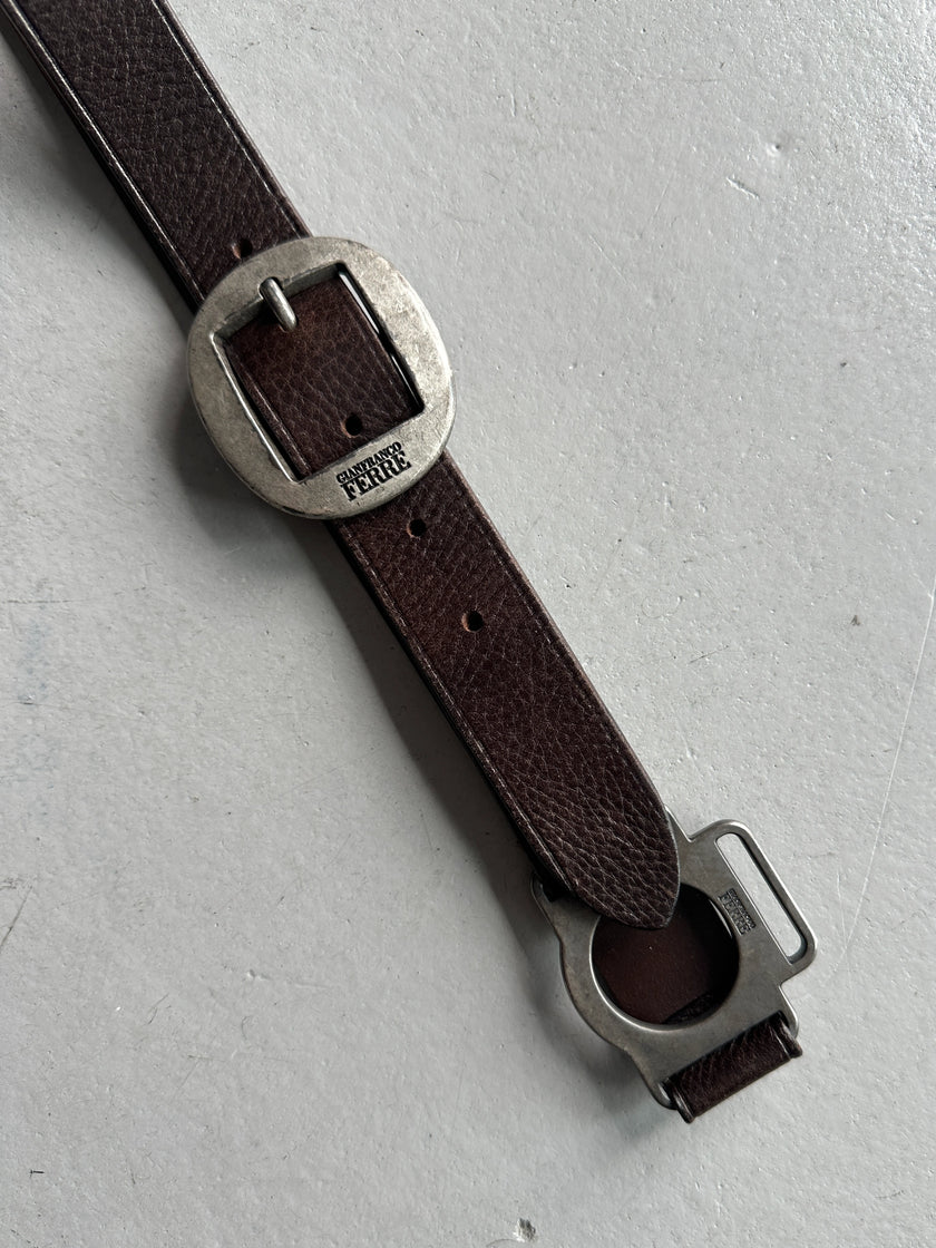 GIANFRANCO FERRÉ - 1990s LEATHER BELT WITH GEOMETRIC METAL CONNECTORS
