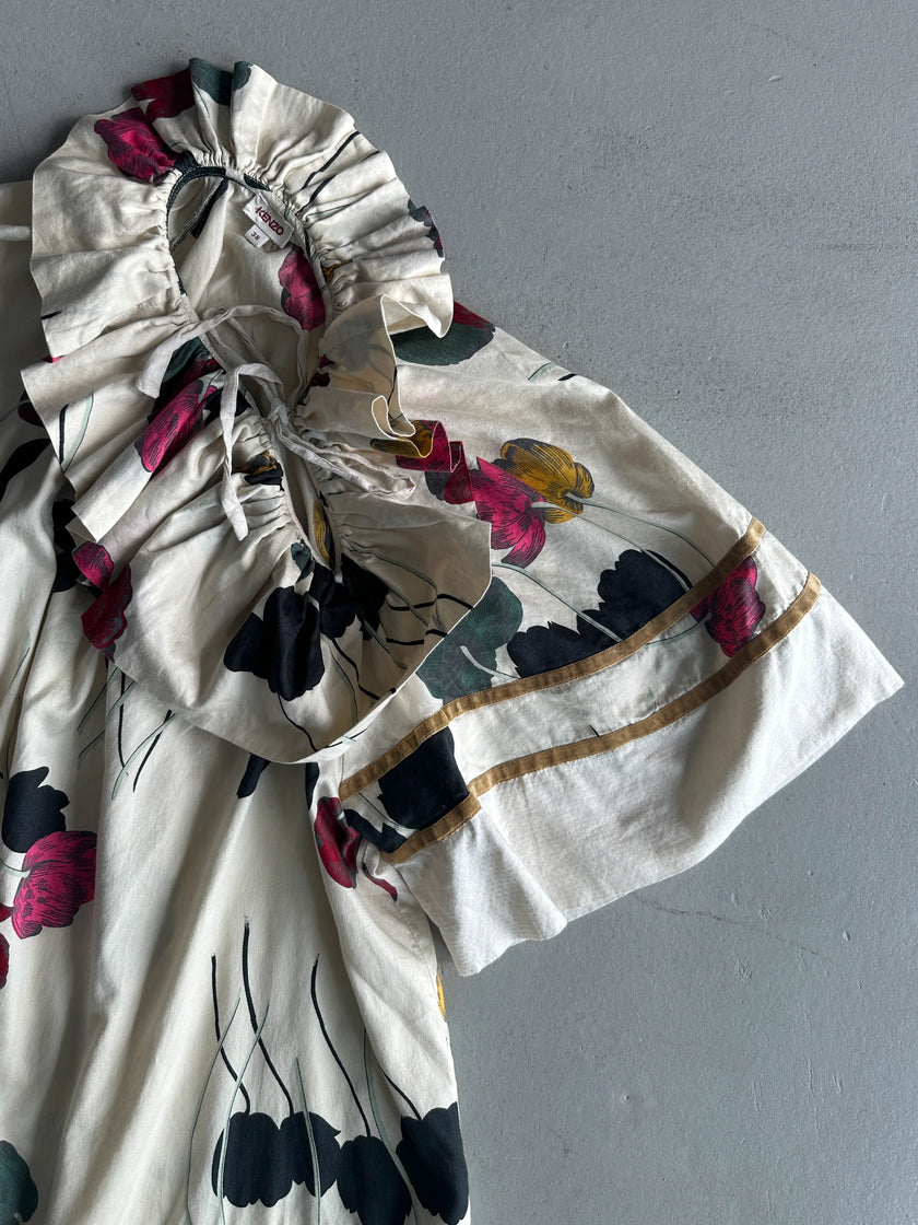 KENZO - 1990s FLORAL PRINT RUFFLED COLLAR SHORT SLEEVE TOP
