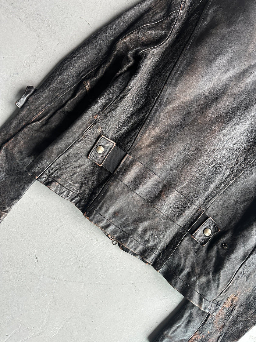 ITALIAN LABEL early 2000s DISTRESSED LEATHER JACKET WITH BONDAGE SLEEVE