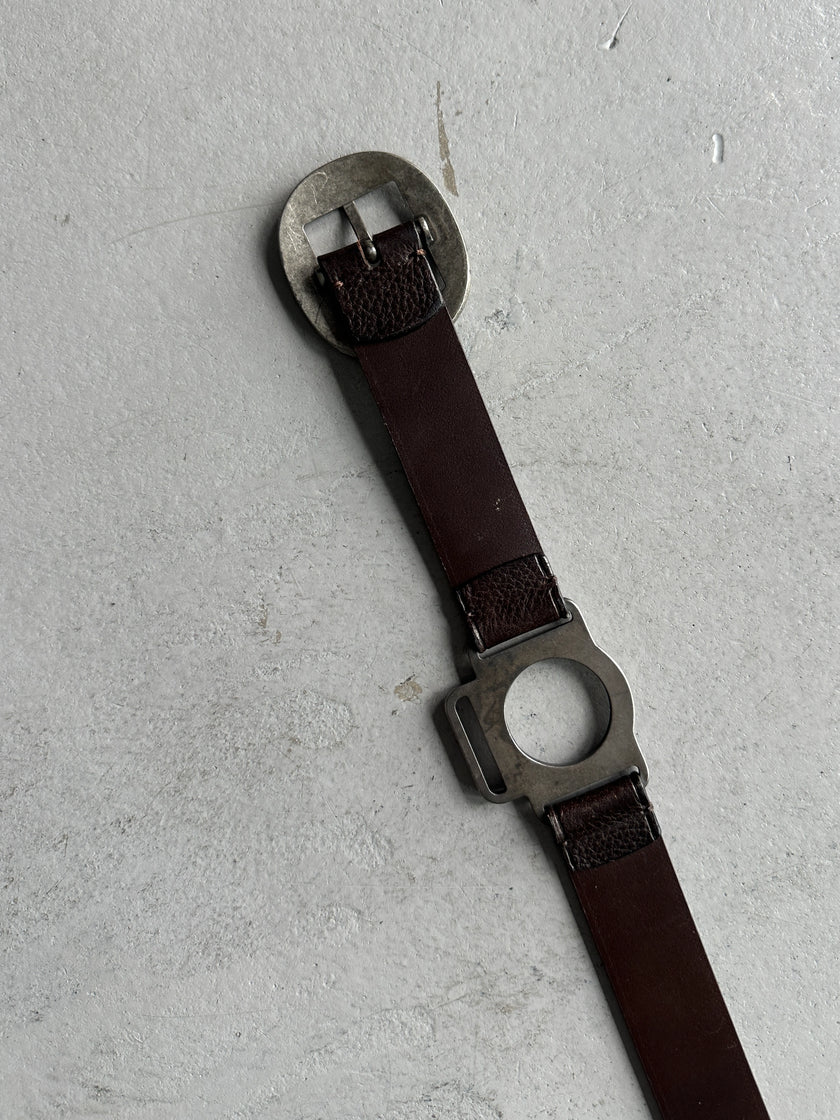 GIANFRANCO FERRÉ - 1990s LEATHER BELT WITH GEOMETRIC METAL CONNECTORS