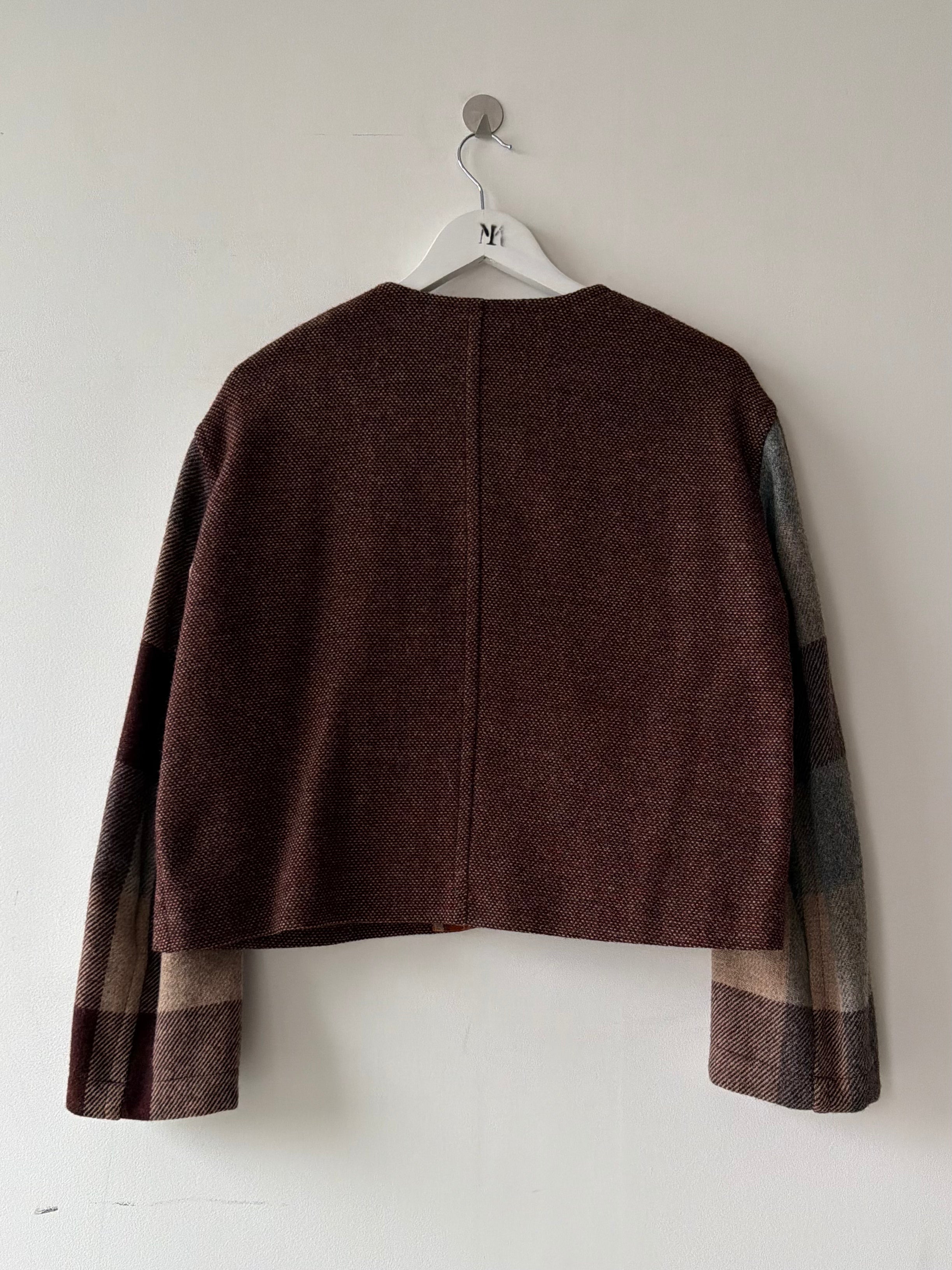 ISSEY MIYAKE HAI - 1980s CROP FIT COLLARLESS WOOL JACKET WITH PLAID DETAILS