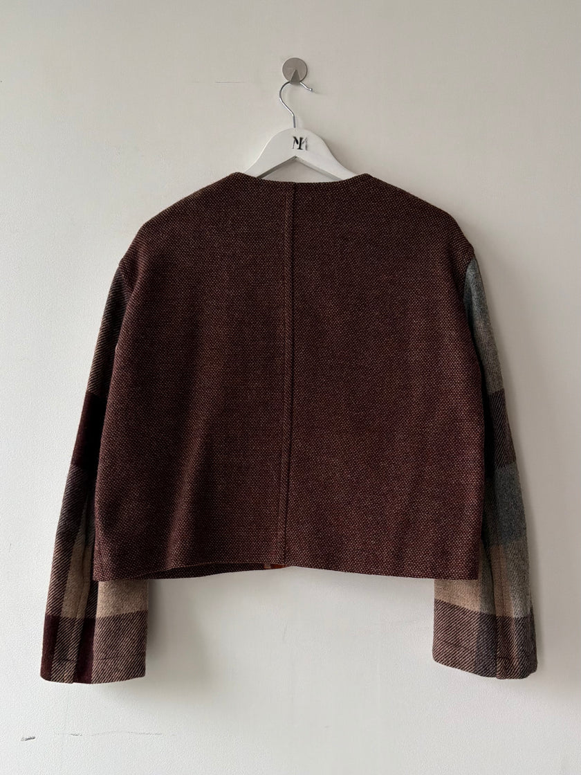 ISSEY MIYAKE HAI - 1980s CROP FIT COLLARLESS WOOL JACKET WITH PLAID DETAILS