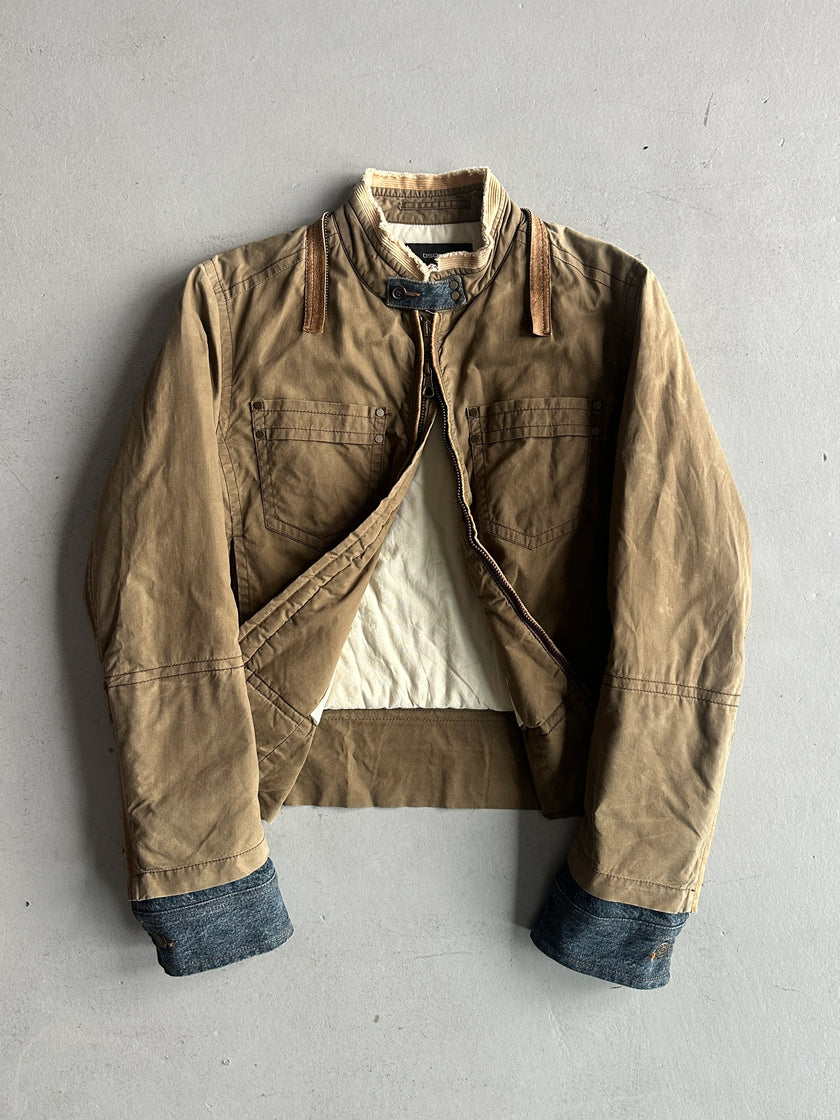 DSQUARED2 - F/W 2002 HOMELESS COLLECTION LAYERED DENIM SLEEVE JACKET WITH LEATHER DETAILS