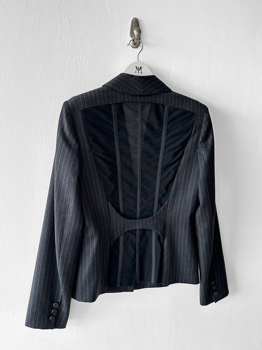 GAETANO NAVARRA - circa 2013 PINSTRIPE TAILORED BLAZER WITH DECONSTRUCTED MESH BACK