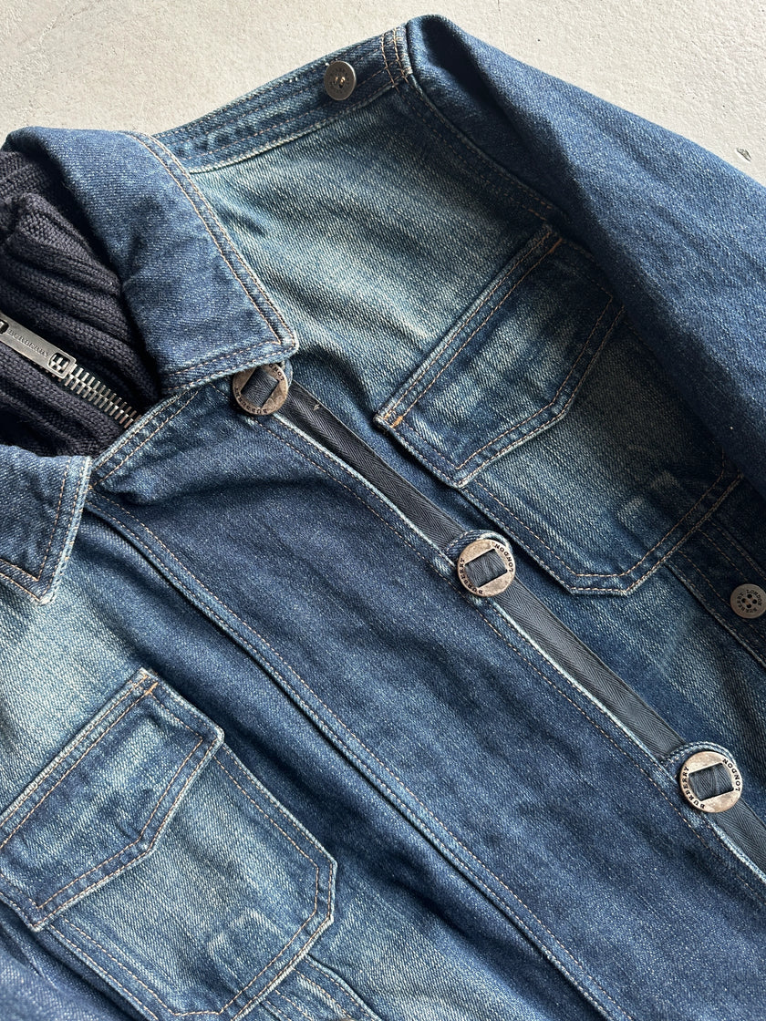 BURBERRY - 2000s DENIM BOMBER JACKET WITH KNITTED DETAILS