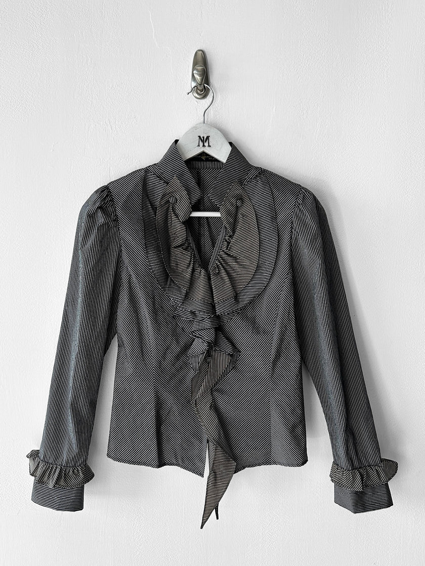 HIROKO KOSHINO - late 1990s PINSTRIPED BLOUSE WITH CASCADING RUFFLE DETAIL