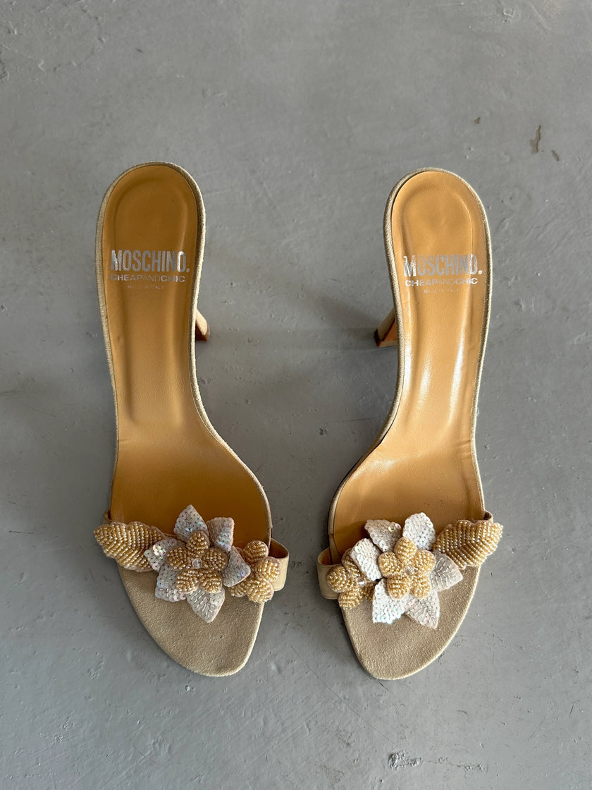 MOSCHINO - 1990s SUEDE SLIP ON HEELS WITH BEADED FLORAL APPLIQUÉ