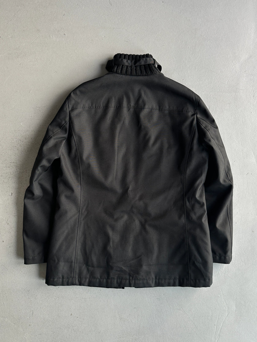 DANIELE ALESSANDRINI - 2000s RIBBED KNIT BELTED NECK COLLAR TECHNICAL JACKET WITH ASYMMETRICAL ZIP FRONT