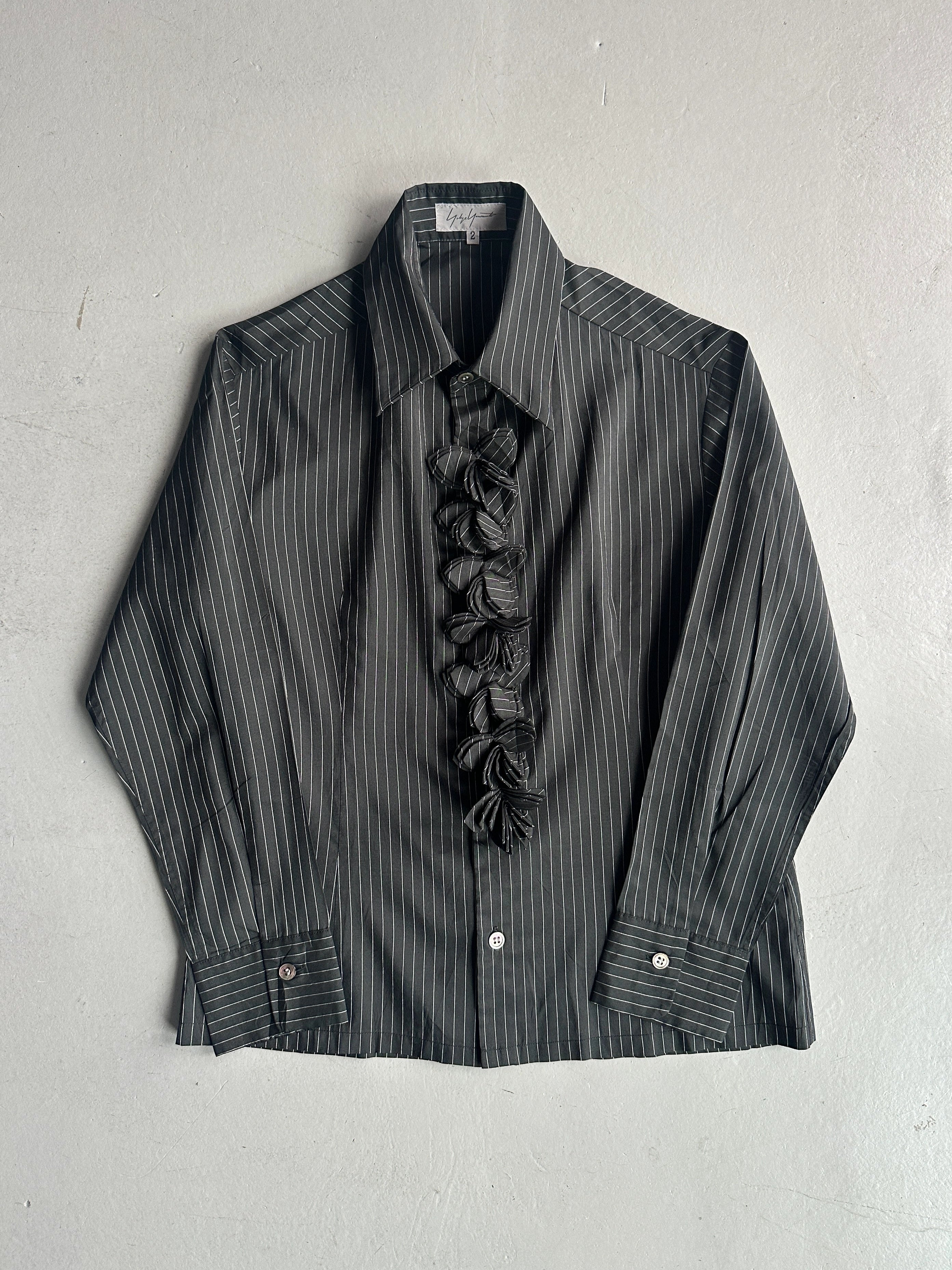 YOHJI YAMAMOTO - S/S 2003 PINSTRIPED SILK SHIRT WITH FLORAL RUFFLE DETAIL AT FRONT