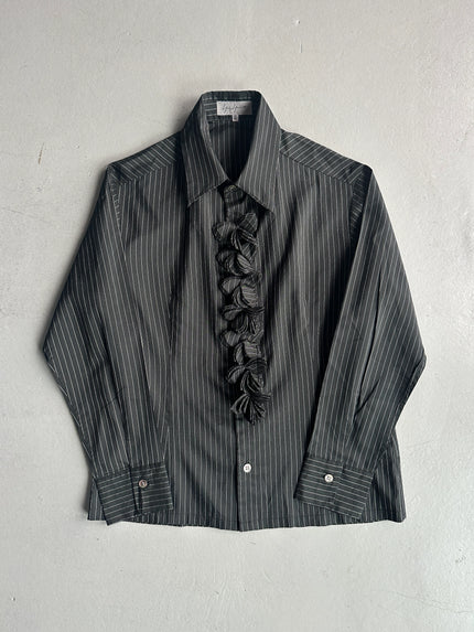 YOHJI YAMAMOTO - S/S 2003 PINSTRIPED SILK SHIRT WITH FLORAL RUFFLE DETAIL AT FRONT