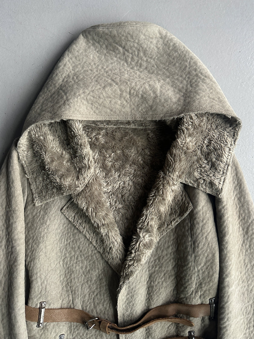 COP COPINE - 2000s RELAXED TEXTURED COAT WITH DOUBLE CROSSED LEATHER BELT