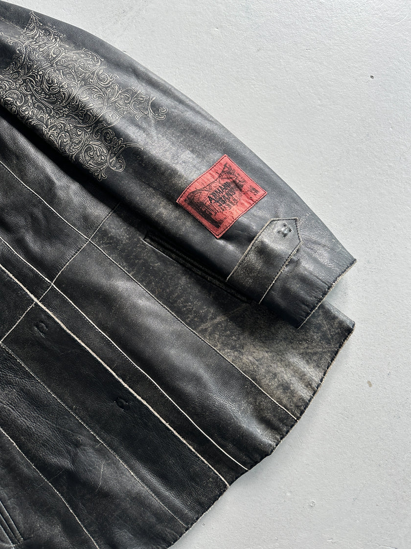 ARMANI JEANS - 1990s DISTRESSED LEATHER ORNAMENTAL PRINTS JACKET