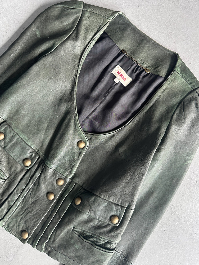 KENZO - 1990s SCOOP NECKLINE LEATHER JACKET