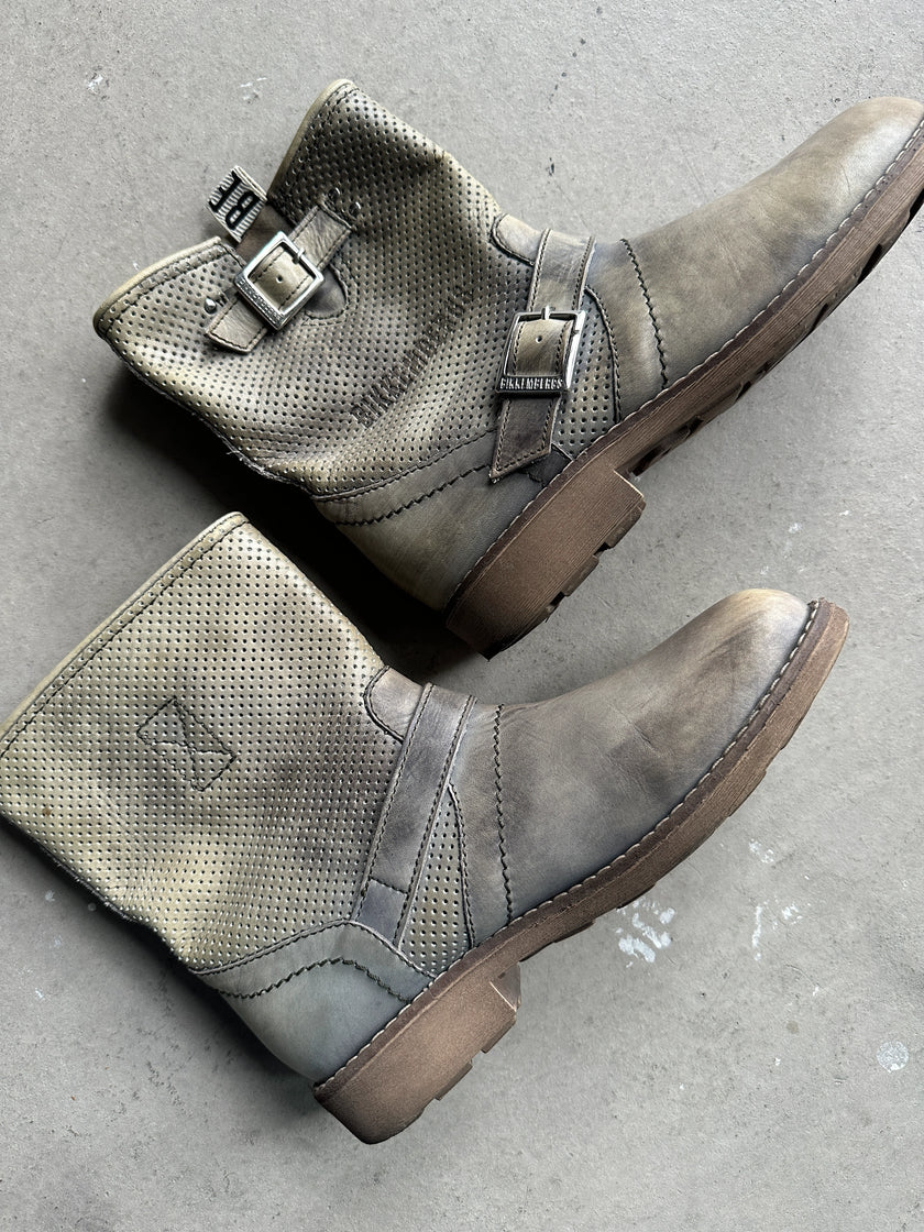 BIKKEMBERGS - 2000s PERFORATED DISTRESSED LEATHER ANKLE BOOTS