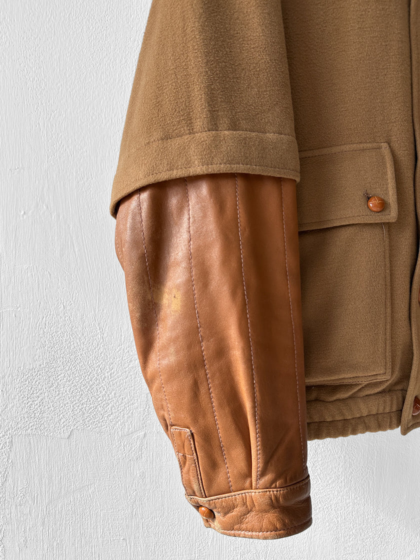 PIERRE BALMAIN - 1980s PANELED BOMBER JACKET WITH CONTRASTING LAYERED LEATHER SLEEVE