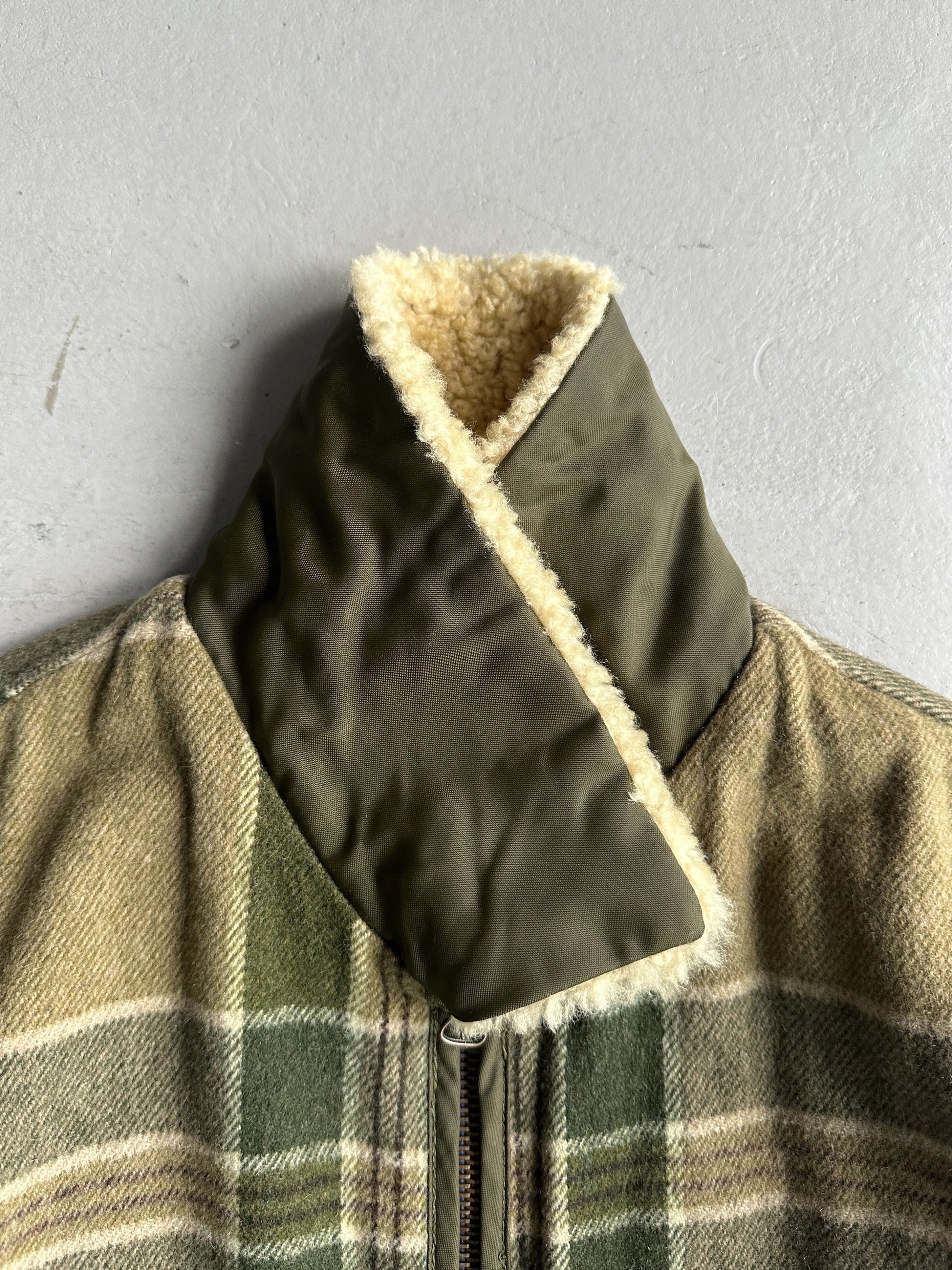 GIANFRANCO FERRÉ - 1980s FUR COLLAR PLAID JACKET WITH CONTRASTING NYLON SLEEVE