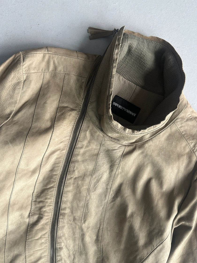 EMPORIO ARMANI - A/W 2011 ASYMMETRICAL ZIP FUNNEL NECK COLLAR CALF LEATHER JACKET