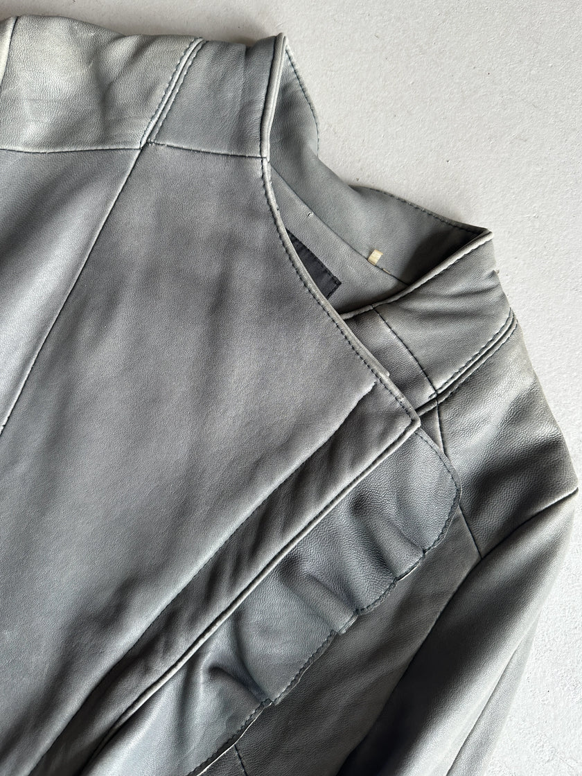 ELIE TAHARI - 2000s ASYMMETRIC RUCHED FRONT LEATHER JACKET