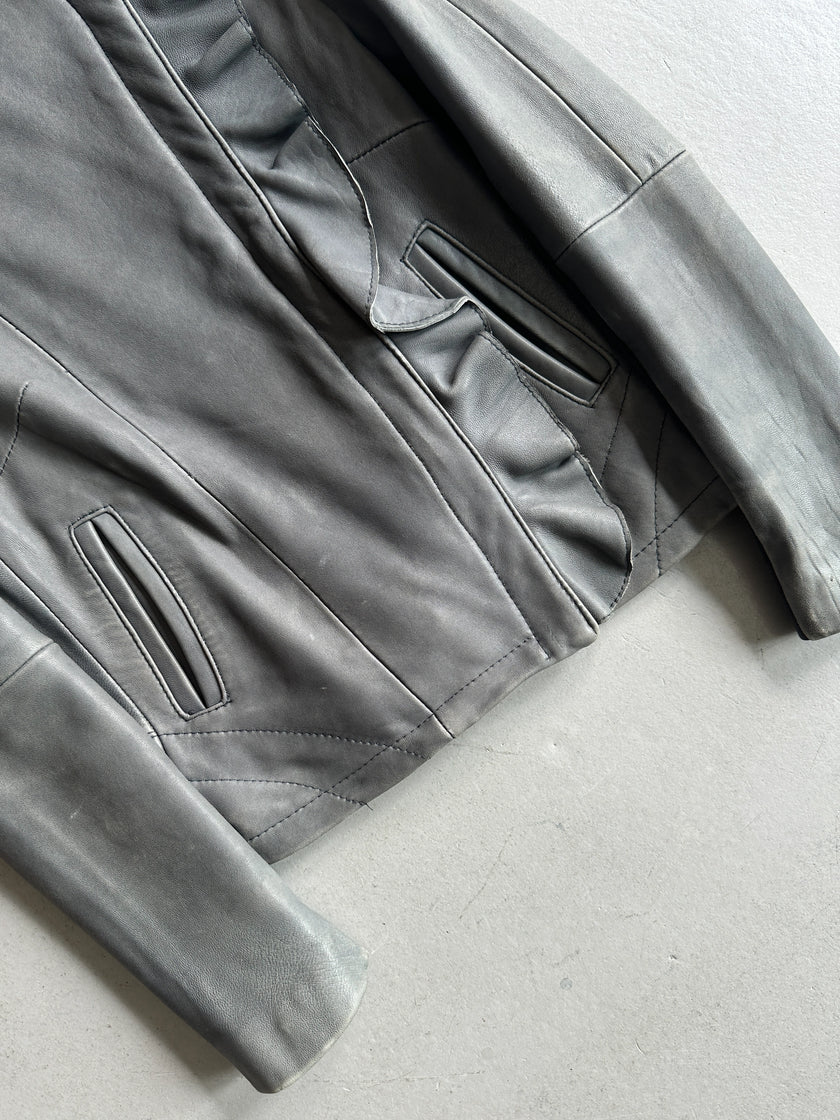 ELIE TAHARI - 2000s ASYMMETRIC RUCHED FRONT LEATHER JACKET