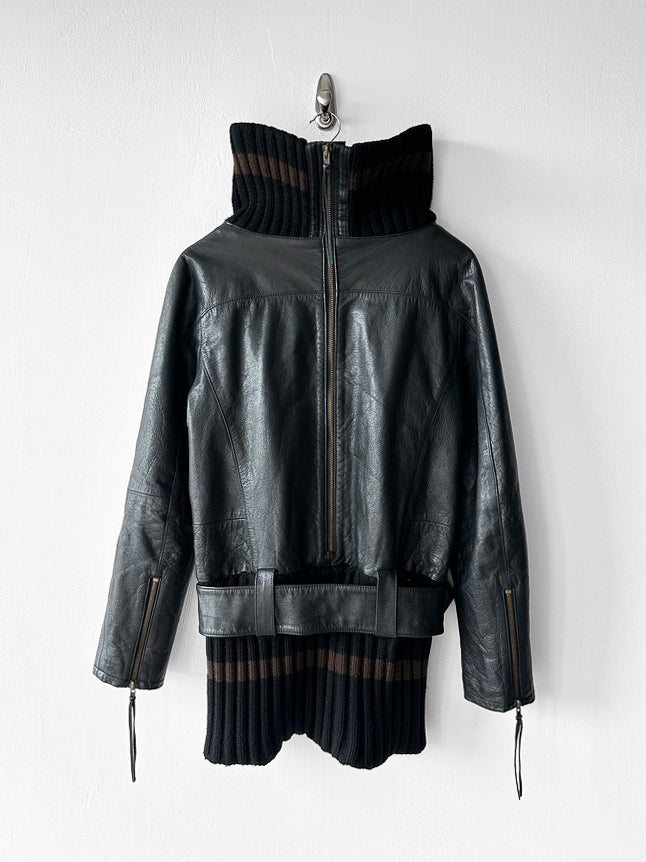 JAPANESE LABEL - late 1990s LEATHER JACKET WITH KNITTED HEM AND ZIP AT BACK