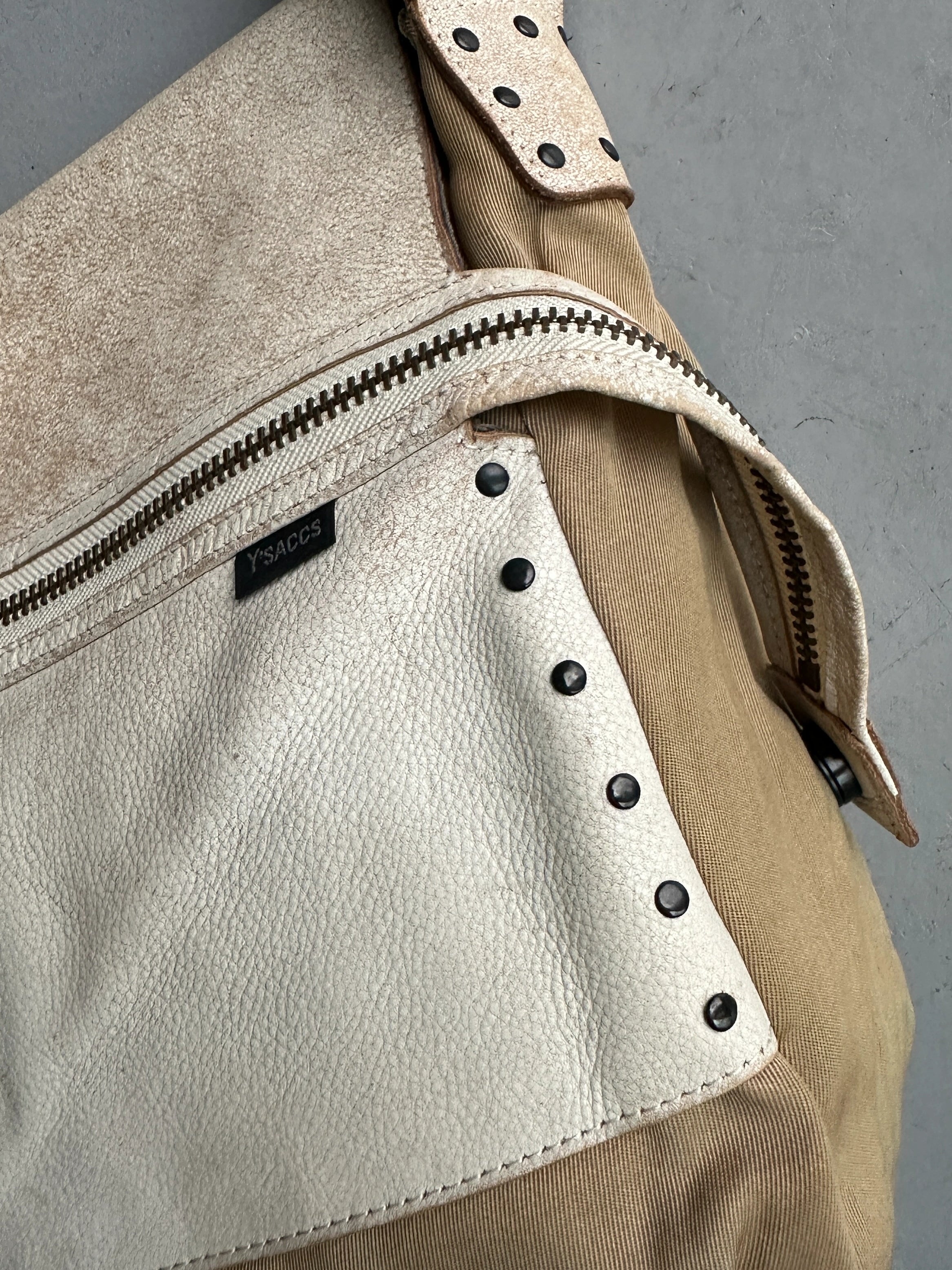 YOHJI YAMAMOTO Y'SACCS - 1990s RECTANGULAR MESSENGER BAG WITH DISTRESSED LEATHER FRONT PANEL