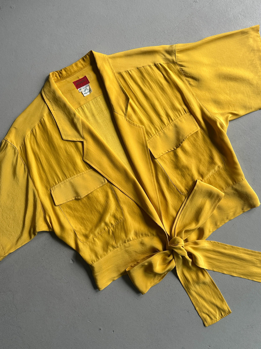 KENZO - 1980s TIE WAIST OPEN FRONT SILK BLOUSE