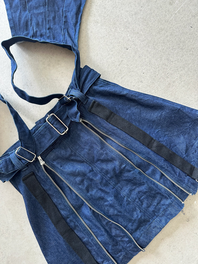 1990s DOUBLE FLAPPY LAYERED BONDAGE MULTI ZIP DENIM SKIRT