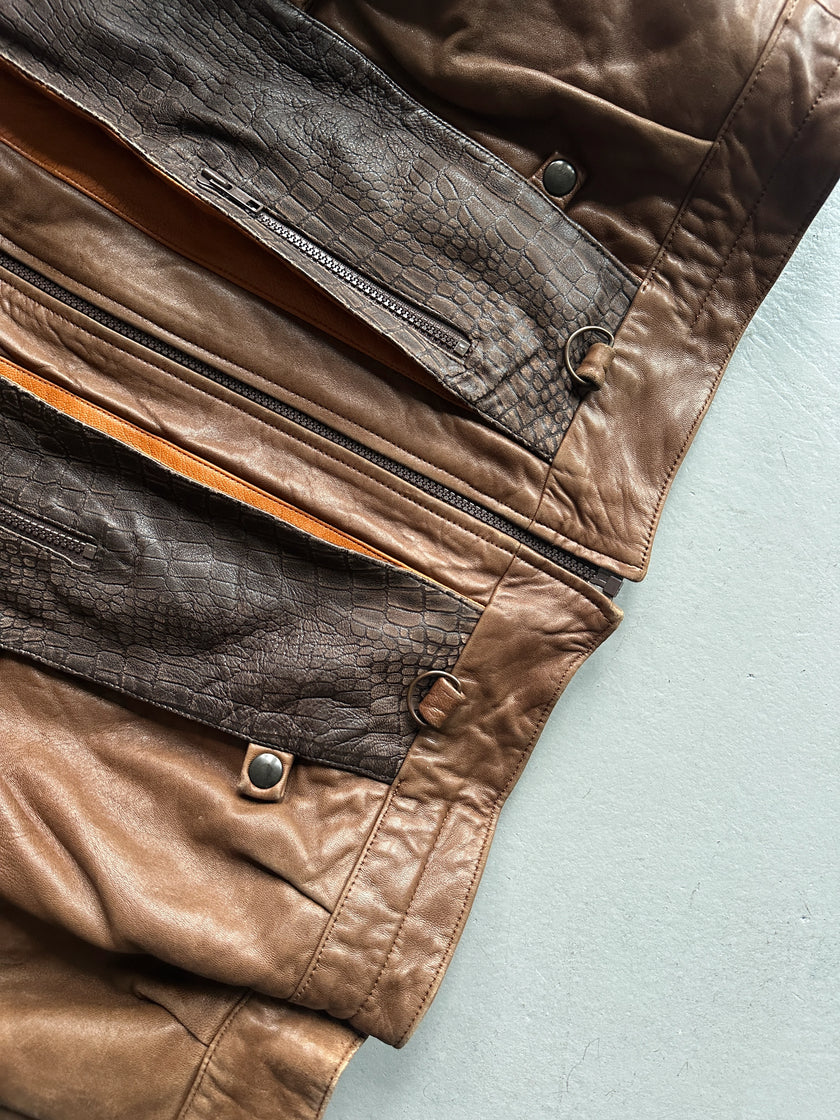 1990s PANELED BOMBER LEATHER JACKET WITH CROCODILE PRINT YOKE