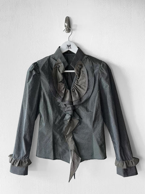 HIROKO KOSHINO - late 1990s PINSTRIPED BLOUSE WITH CASCADING RUFFLE DETAIL