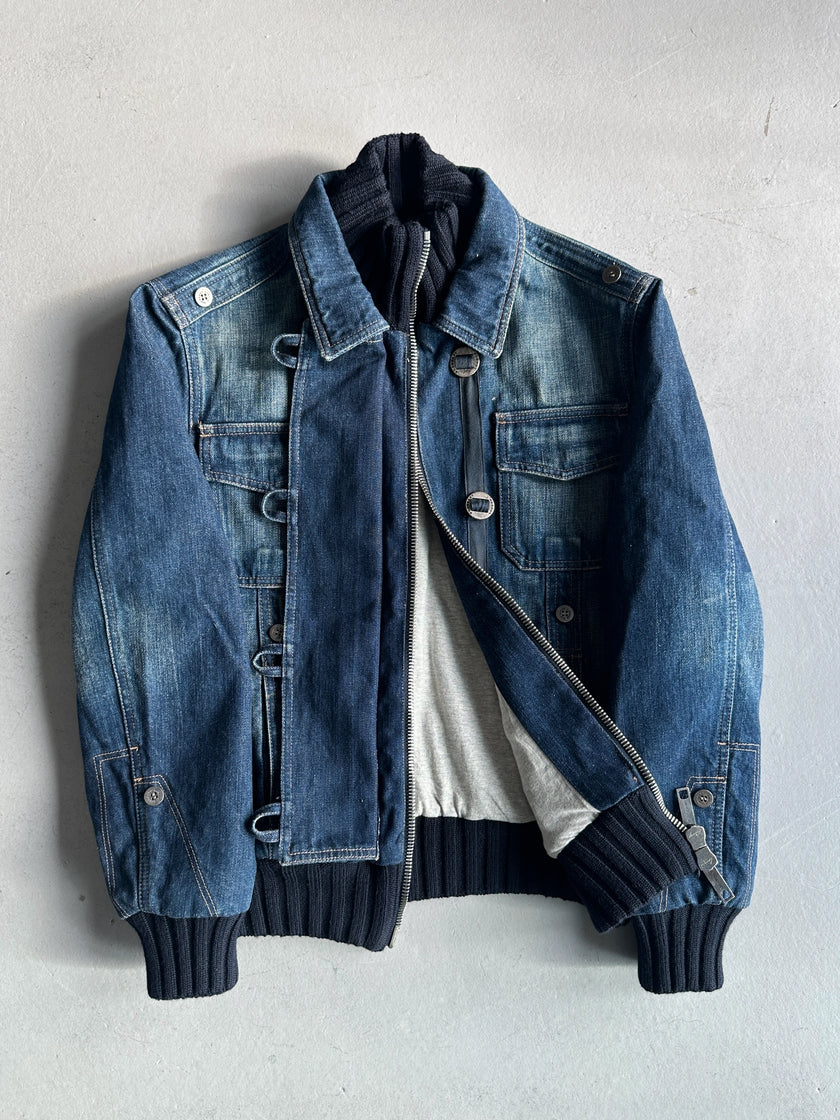 BURBERRY - 2000s DENIM BOMBER JACKET WITH KNITTED DETAILS