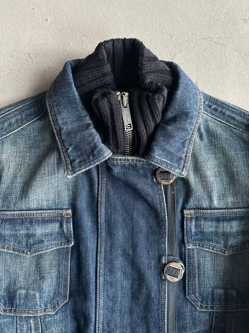 BURBERRY - 2000s DENIM BOMBER JACKET WITH KNITTED DETAILS