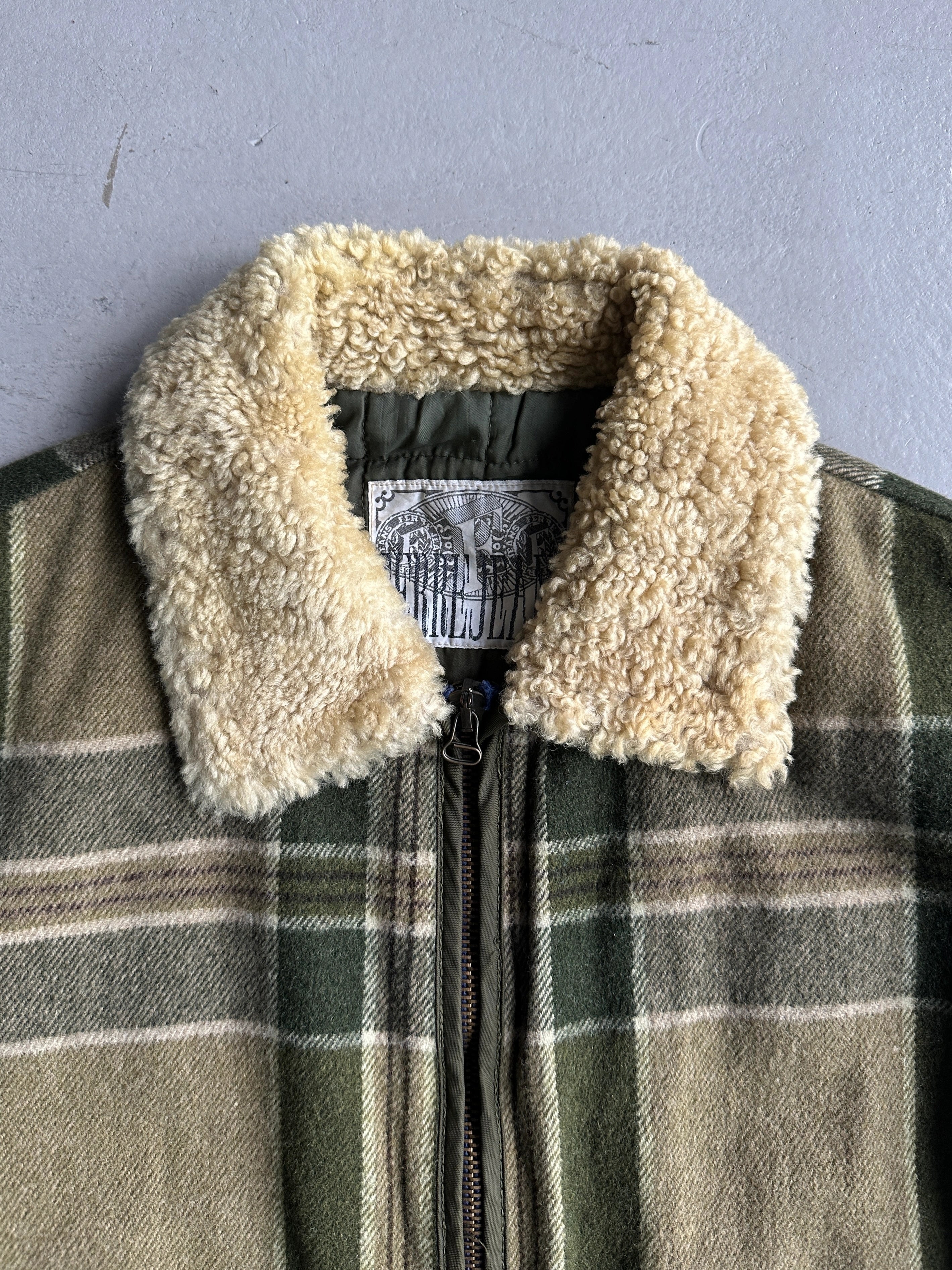 GIANFRANCO FERRÉ - 1980s FUR COLLAR PLAID JACKET WITH CONTRASTING NYLON SLEEVE