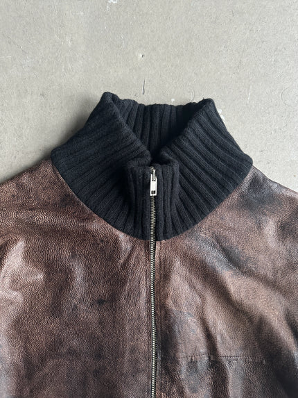 1990s LEATHER FRONT KNITTED ZIPPED CARDIGAN