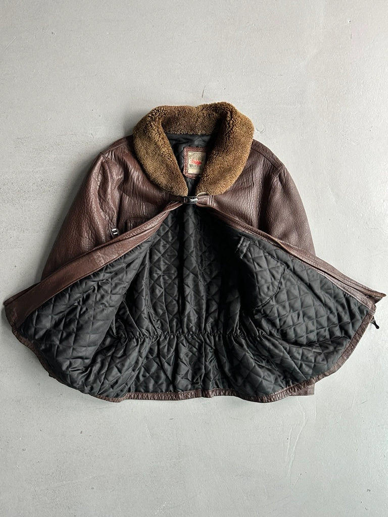 MARITHÉ + FRANÇOIS GIRBAUD X COMPAGNIE DES MONTAGNES & DES FORETS - 1980s FUR COLLAR LEATHER MIDI JACKET WITH METAL HOOKS FRONT CLOSURE