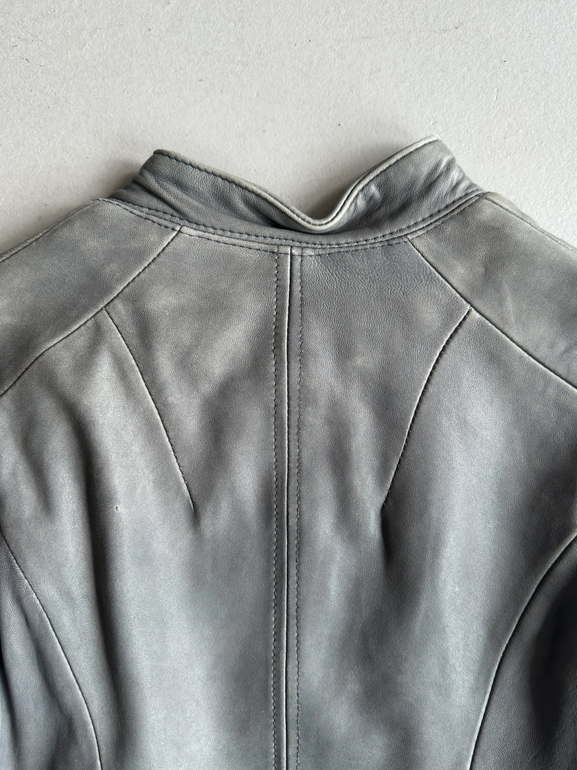 ELIE TAHARI - 2000s ASYMMETRIC RUCHED FRONT LEATHER JACKET