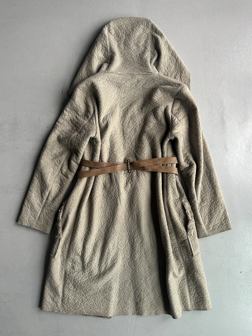 COP COPINE - 2000s RELAXED TEXTURED COAT WITH DOUBLE CROSSED LEATHER BELT