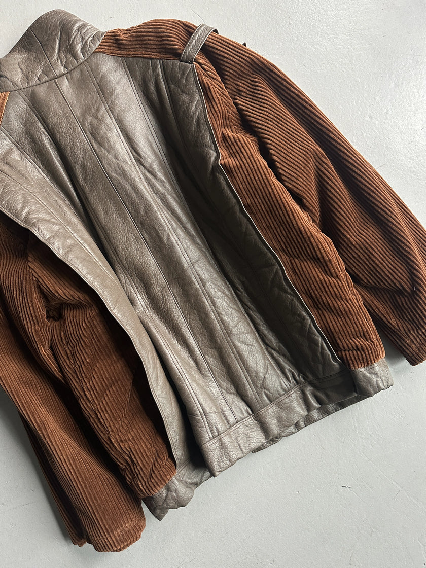 1980s OVERSIZED LEATHER BOMBER JACKET WITH CORDUROY SLEEVE